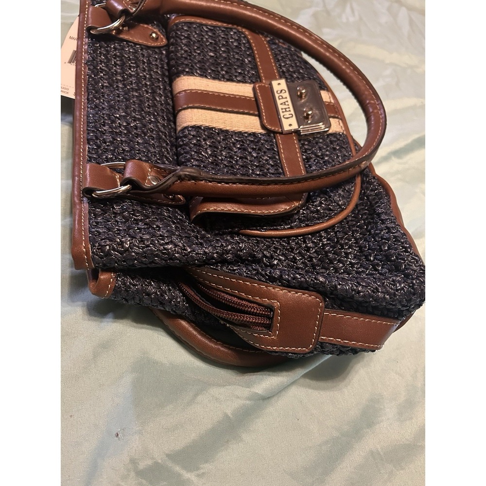 Chaps Marcie Triple Satchel Navy Woven Straw Faux Leather Shoulder Bag 1 - Picture 8 of 8
